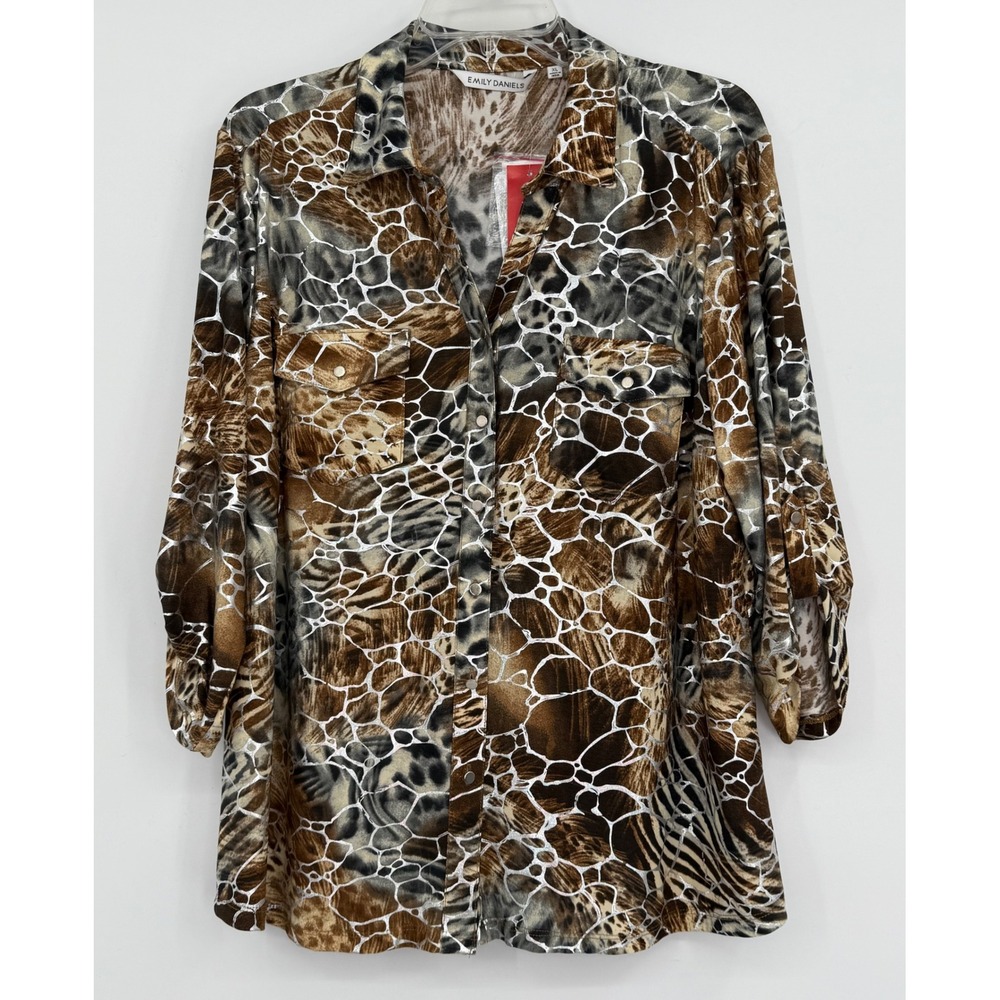 NWT Emily Daniels Women Metallic Animal Print Roll-Tab Long Sleeves Tunic Top XL